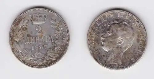2 Dinar Silber Münze Serbien Alexander 1889-1902, 1897 vz (154553)
