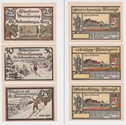 25,50 & 75 Pfennig Banknoten Notgeld Kurverwaltung St.Andreasberg 1921 (137943)