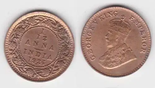 1/12 Anna Kupfer Münze Indien 1924 vz/Stgl. (143318)