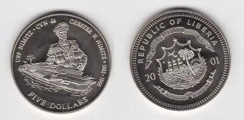 5 Dollar Neusilber Münze Liberia 2001 Flugzeugträger USS Nimitz Stgl. (141430)
