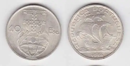 10 Escudos Silber Münze Portugal Segelschiff 1954 f.Stgl. KM 586 (141365)