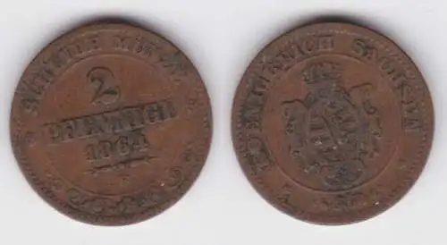 2 Pfennig Kupfer Münze Sachsen 1864 B ss (142998)