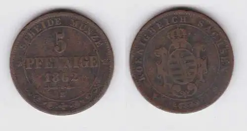 5 Pfennig Kupfer Münze Sachsen 1862 B f.ss (141055)