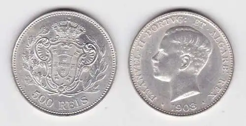 500 Reis Silber Münze Portugal 1908 vz+ KM 547 (140167)