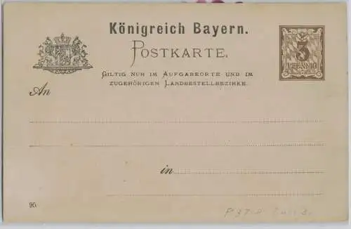 85164 Ganzsachen Postkarte P37/08 Königreich Bayern 3 Pfennig 1895