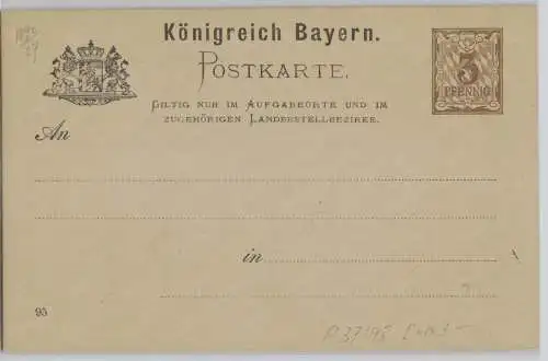 63250 Ganzsachen Postkarte P37/08 Königreich Bayern 3 Pfennig 1895