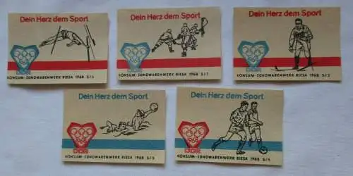 5x Streichholzetikett Serie Dein Herz dem Sport DDR 1968 Zündwarenwerk (123883)