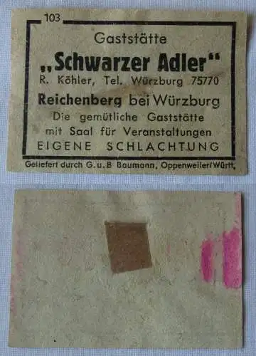 Streichholzetikett Gaststätte "Schwarzer Adler" Reichenberg b. Würzburg (148003)