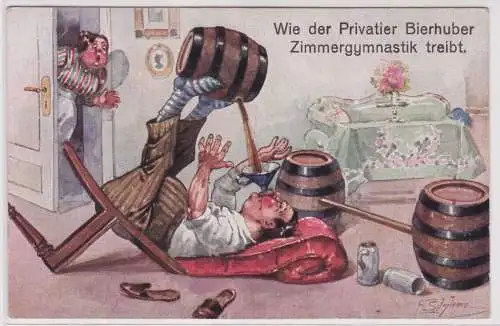 901900 Humor AK Wie der Privatier Bierhuber Zimmergynmastik treibt 1919