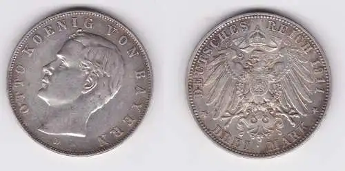 3 Mark Silbermünze Bayern König Otto 1911 Jäger 47 (105576)