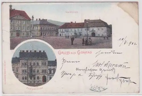 902005 Ak Gruß aus Görkau Jirkov Marktplatz und Postgebäude 1902