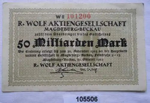 50 Milliarden Mark Banknote Inflation Magdeburg Buckow R.Wolf AG 1923 (105506)