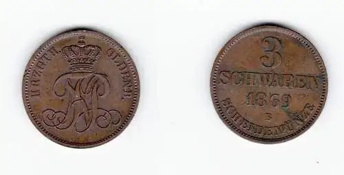 3 Schwaren Kupfer Münze Oldenburg Nicolaus Friedrich Peter 1869 B (127463)
