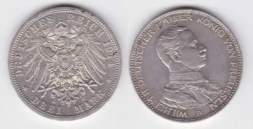 3 Mark Silber Münze Preussen Kaiser Wilhelm II in Uniform 1914 (119144)