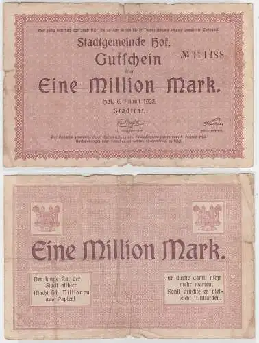 1 Million Mark Banknote Inflation Stadtgemeinde Hof 6.August 1923 (110889)