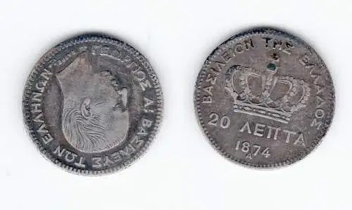 20 Lepta Silber Münze Griechenland 1874 A Georg I. (121464)