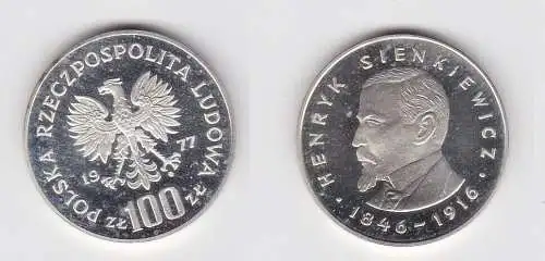 100 Zloty Silber Münze Polen Henryk Sienkiewicz 1977 PP (130924)