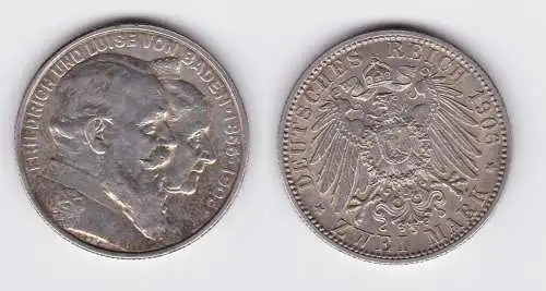 2 Mark Silbermünze Baden goldene Hochzeit 1906 Jäger 34  (114938)