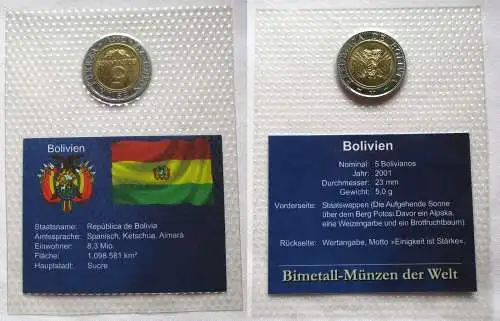 Bi-Metall Münze 5 Bolivianos Bolivien 2001 in TOP Erhaltung im Blister (124994)