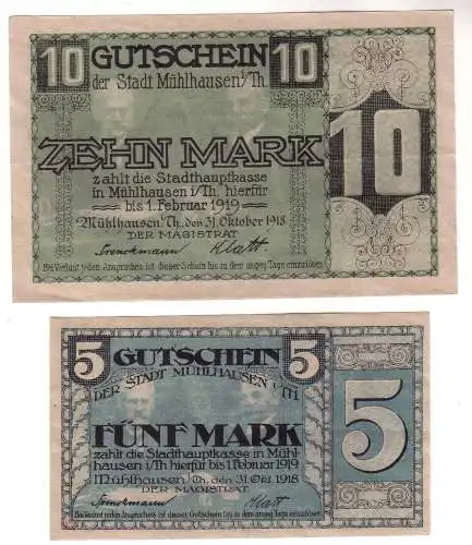 5 und 10 Mark Banknoten  Stadt Mühlhausen in Thüringen 1918 (112284)