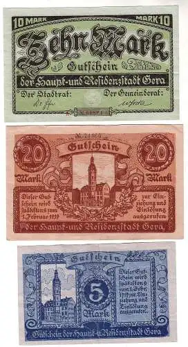 5, 10 und 20 Mark Banknoten Haupt- & Residenzstadt Gera um 1919 (112961)
