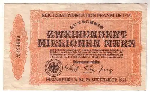 200 Millionen Mark Banknote Reichsbahndirektion Frankfurt am Main 1923 (112639)