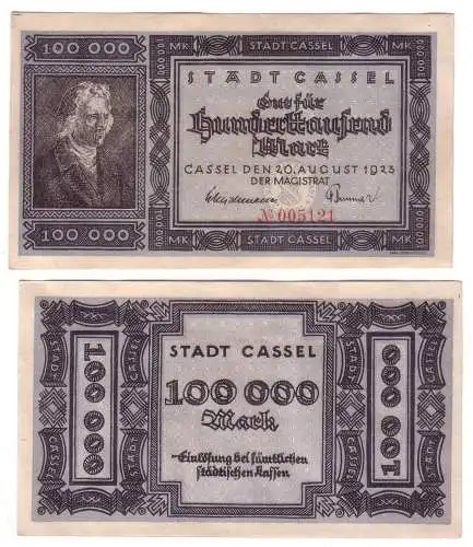 100000 Mark Banknote Inflation Stadt Cassel 20.08.1923 (113706)