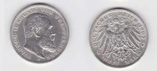 3 Mark Silbermünze Württemberg König Wilhelm II 1909 Jäger 175 (131005)