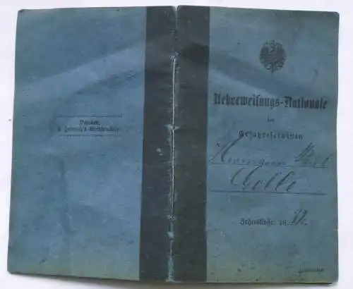 Seltener Militärpaß Überweisungs-Nationale des Ersatzreservisten 1882 (110713)