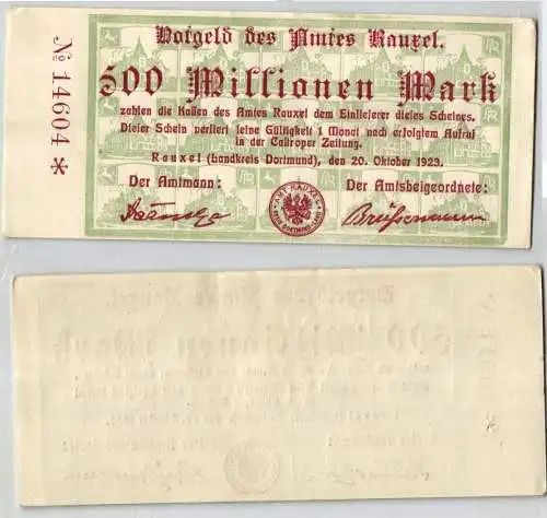 500 Millionen Mark Banknote Inflation Amt Rauxel 20.10.1923 (120319)