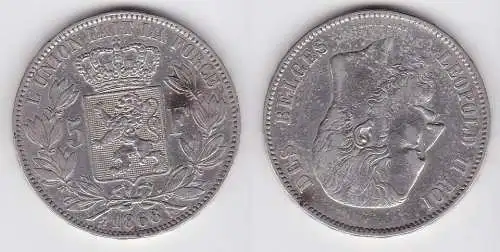 5 Francs Silber Münze Belgien 1868 Leopold II. (115813)