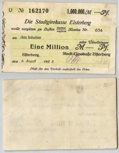 1 Million Mark Banknote Stadtgirokasse Elsterberg 9.8.1923 (121888)