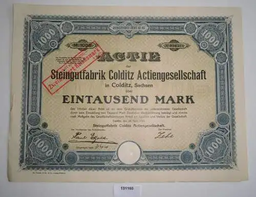 1000 Mark Aktie Steingutfabrik Colditz AG 24. April 1923 (131160)
