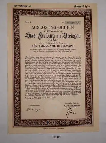 25 Reichsmark Auslosungsschein Stadt Freiburg im Breisgau 5.Oktober 1927 /121521