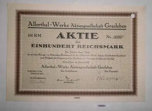 100 RM Aktie Allerthal Werke AG Grasleben Januar 1933 (128551)