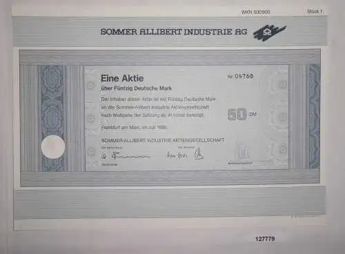 50 Mark Aktie Sommer Allibert Industrie AG Frankfurt am Main Juli 1988 (127779)
