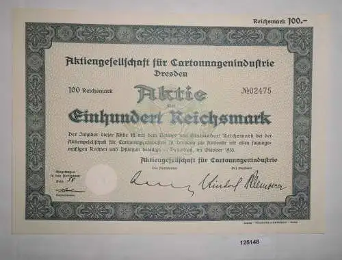 100 Reichsmark Aktie AG für Cartonnagenindustrie Dresden Oktober 1933 (125148)