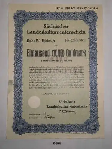 1000 Goldmark Rentenschein Landeskulturrentenbank Sachsen Dreden 1928 (120461)