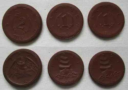 3x Porzellan Notgeld Münzen 2 x 1 Mark & 1 x 2 Mark Sachsen 1921 (128082)