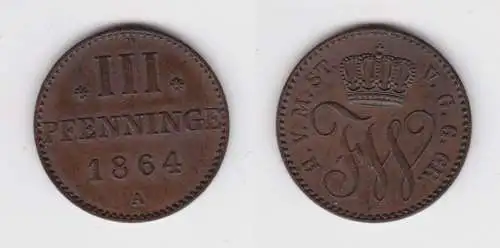 3 Pfennig Kupfer Münze Mecklenburg Strelitz 1864 A f.vz (151205)
