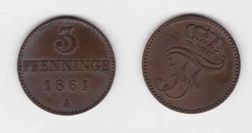 3 Pfennig Kupfer Münze Mecklenburg Schwerin 1861 A f.vz (151569)