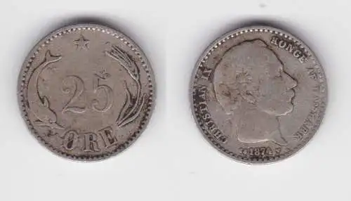 25 Öre Silber Münze Dänemark 1874 Delphin ss (150961)