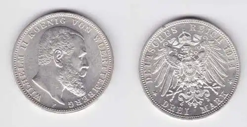 3 Mark Silber Münze Wilhelm II König von Württemberg 1914 vz (151033)