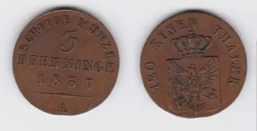 3 Pfennige Bronze Münze Preussen 1837 A ss+ (151480)