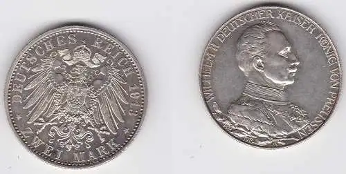 2 Mark Silbermünze Preussen Kaiser in Uniform 1913 Jäger 111 vz (150676)