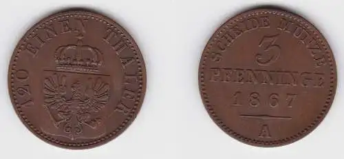 3 Pfennige Kupfer Münze Preussen 1867 A f.vz (150010)