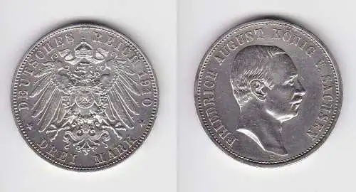 3 Mark Silber Münze Friedrich August König von Sachsen 1910 (150683)