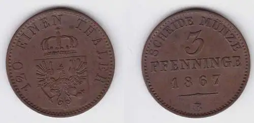 3 Pfennige Kupfer Münze Preussen 1867 B vz (150060)