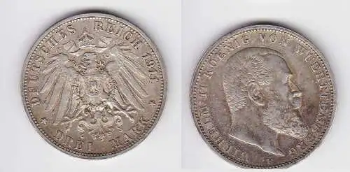 3 Mark Silber Münze Wilhelm II König von Württemberg 1911 (150376)