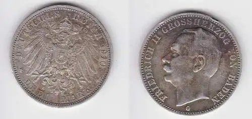3 Mark Silbermünze Baden Großherzog Friedrich II 1910 Jäger 39 ss (150643)